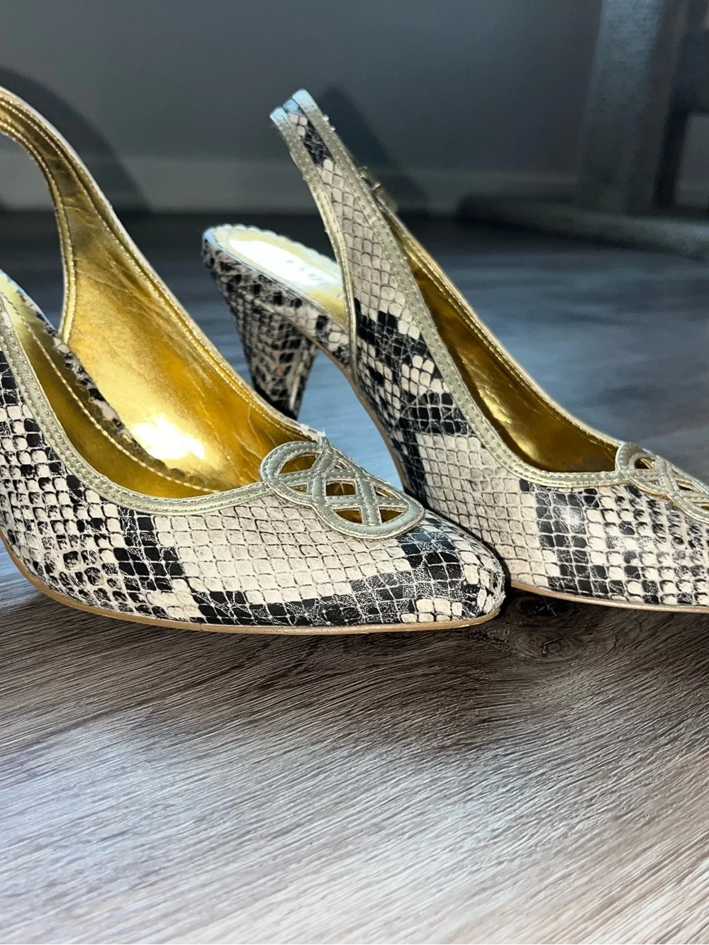 Laura Ashley Metallic Gold Snake-Print Slingback Heels